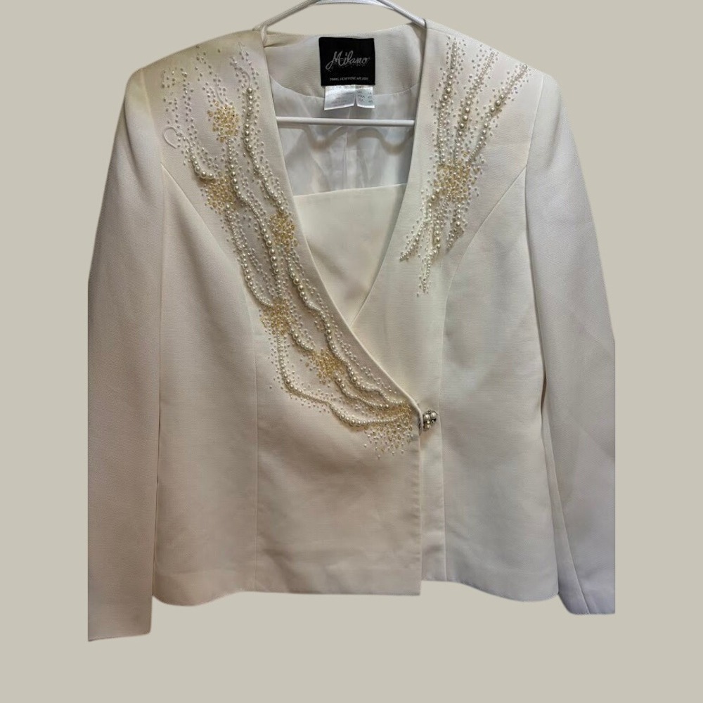 Milano White Pearl Sequin Embellished Blazer Jacket Evening Formal Bridal Size12